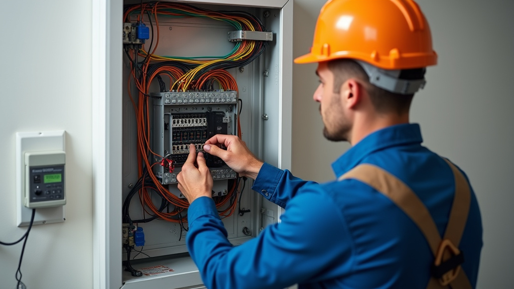 Technicien vérifiant le tableau électrique avant installation d