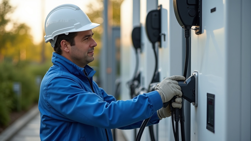 Technicien vérifiant une borne de recharge électrique à Garat