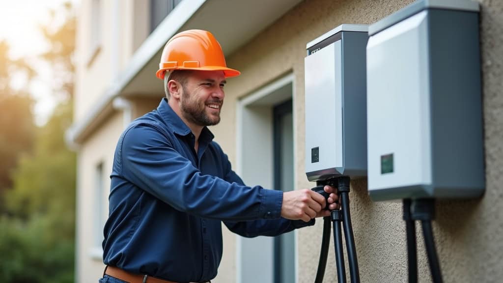 Un professionnel installant une borne de recharge à Plauzat