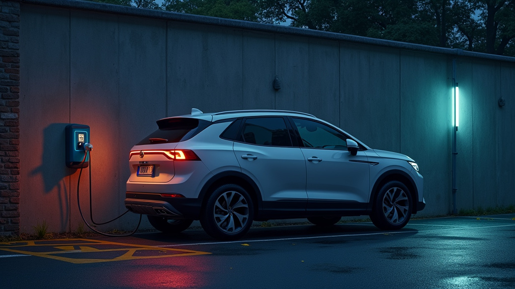 Véhicule électrique en train de se recharger sur une borne électrique murale à Herrlisheim, câble connecté, éclairage doux de nuit