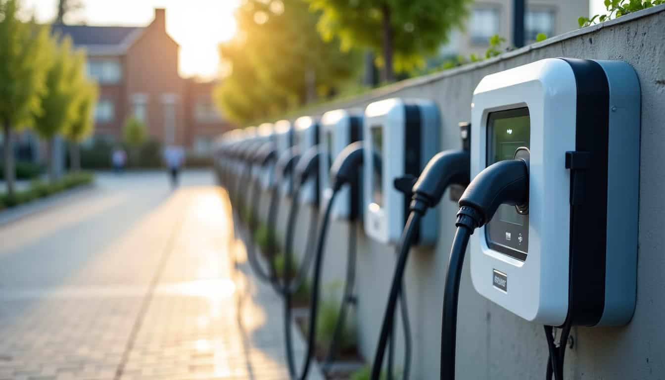 Borne de recharge électrique installée dans un parc extérieur à Bourg-Saint-Andéol