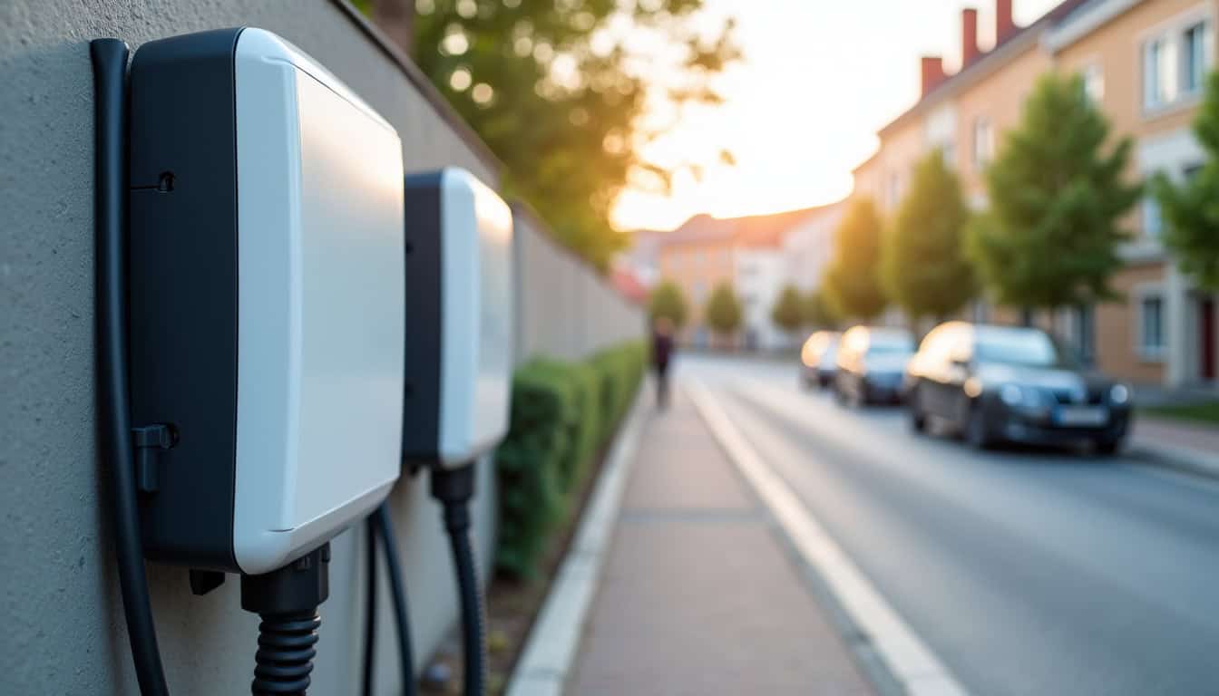 Borne de recharge électrique installée dans une rue résidentielle de Dozulé