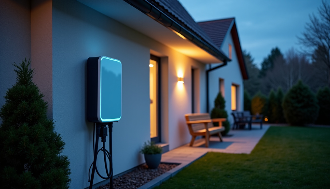 Borne de recharge électrique installée devant une maison à Dugny, en soirée, éclairage LED activé