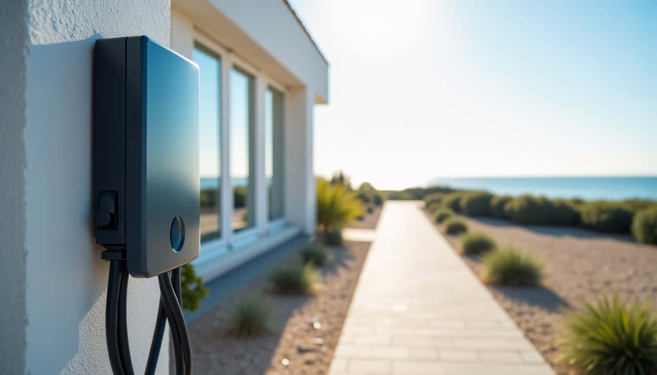 Borne de recharge électrique installée devant une maison à Merville-Franceville-Plage