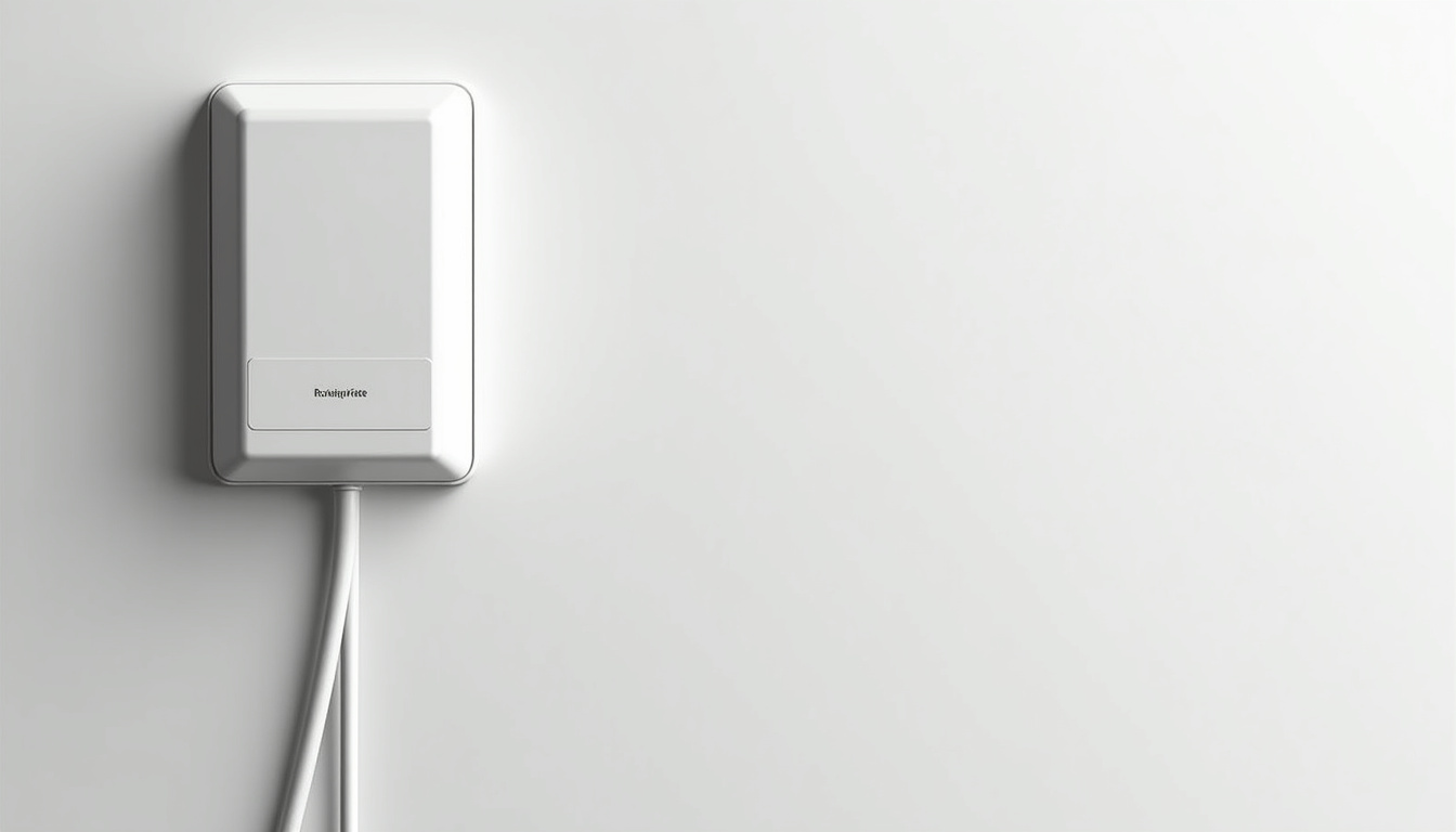 Borne de recharge électrique murale installée sur une façade de maison à Gahard, avec câble intégré et design épuré en blanc mat