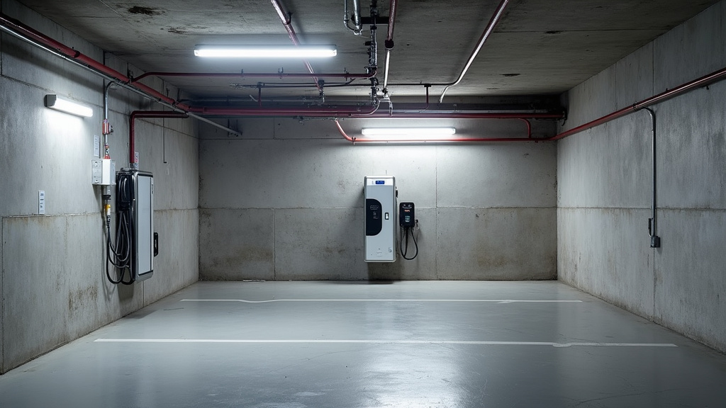Borne de recharge installée dans un parking souterrain de copropriété à Pouzolles