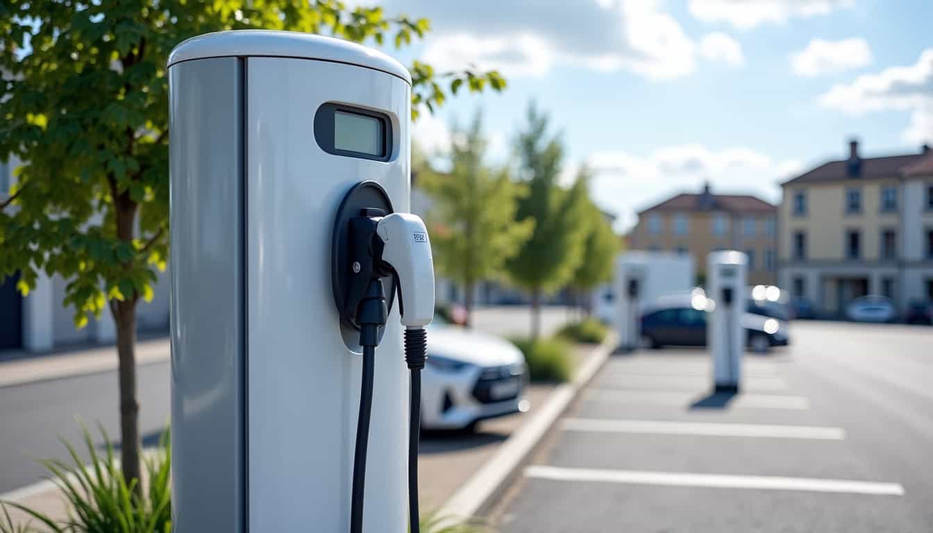 Borne de recharge publique installée sur un parking à Soulac-sur-Mer