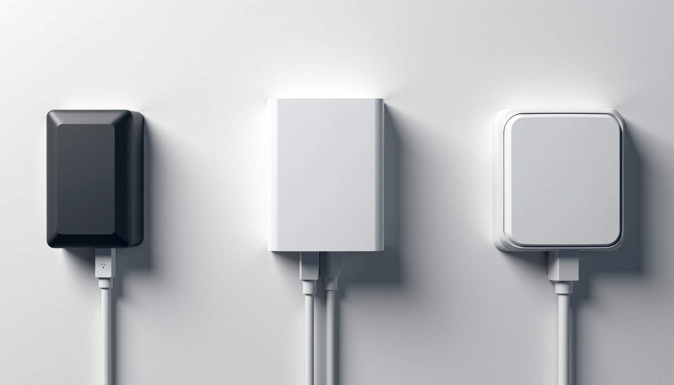 Comparaison de différentes bornes de recharge électrique posées sur un mur extérieur, illustrant les modèles Wallbox, Trydan et Autel