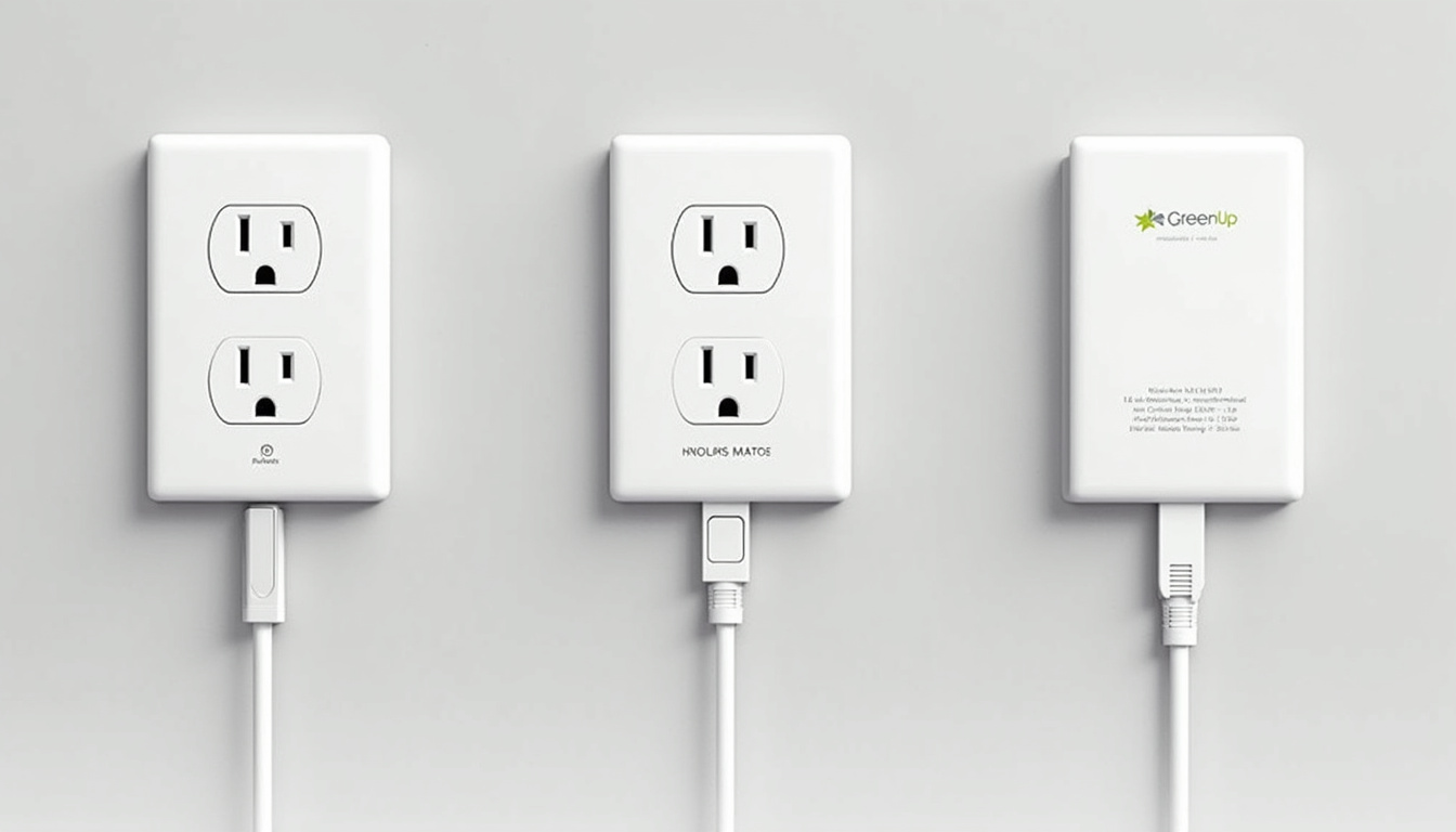 Comparaison visuelle des types de bornes de recharge: wallbox murale, prise renforcée GreenUp et prise standard, avec puissances et temps de recharge associés