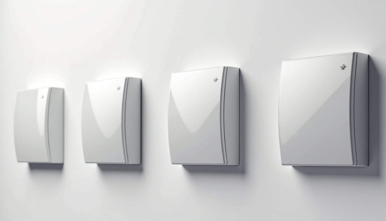 Différents modèles de bornes de recharge murales installées sur un mur extérieur