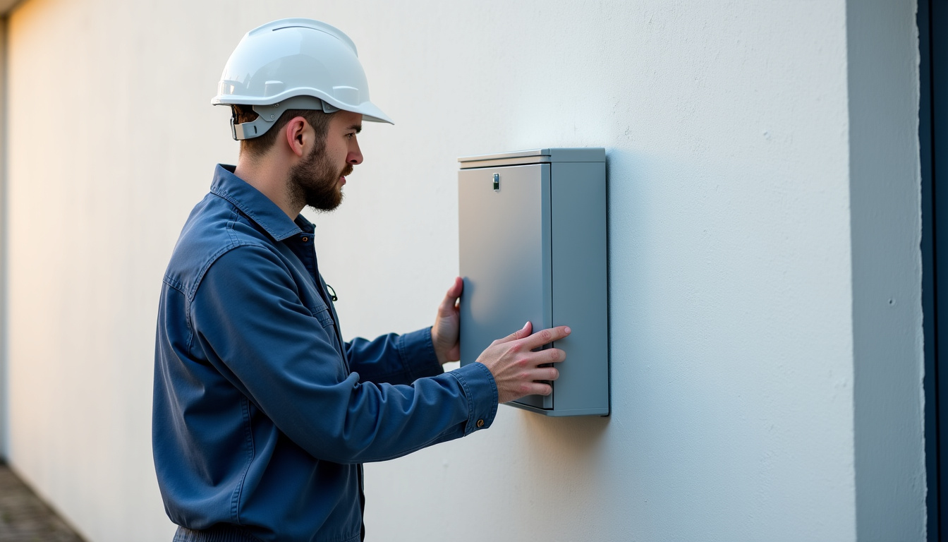 Électricien certifié IRVE en train de poser une borne de recharge murale sur un mur extérieur à Ablon-sur-Seine