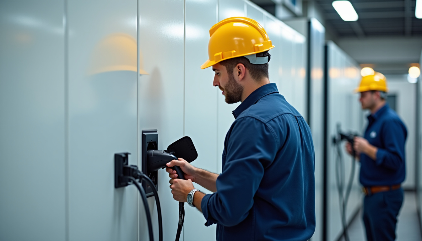 Électricien certifié IRVE en train d’installer une borne de recharge électrique à Brionne