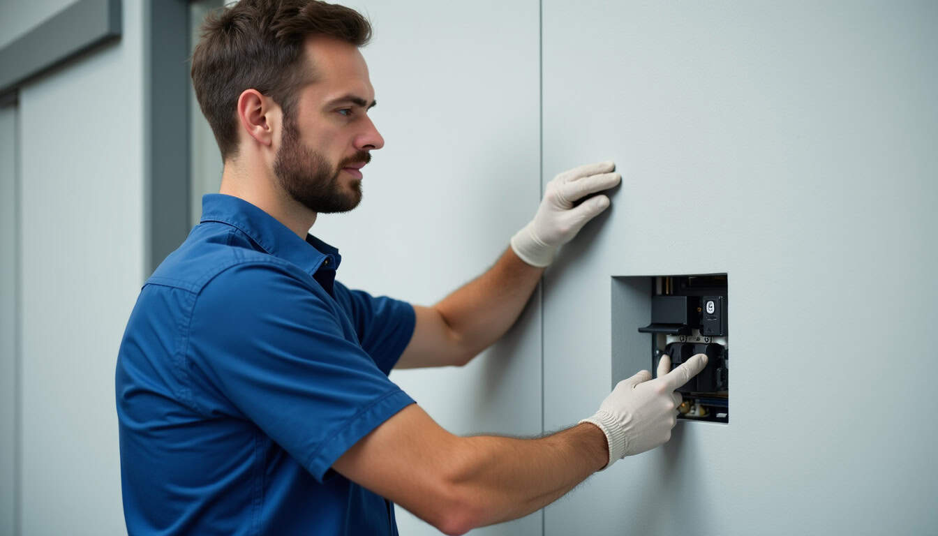 Électricien en train de fixer une borne de recharge murale lors d