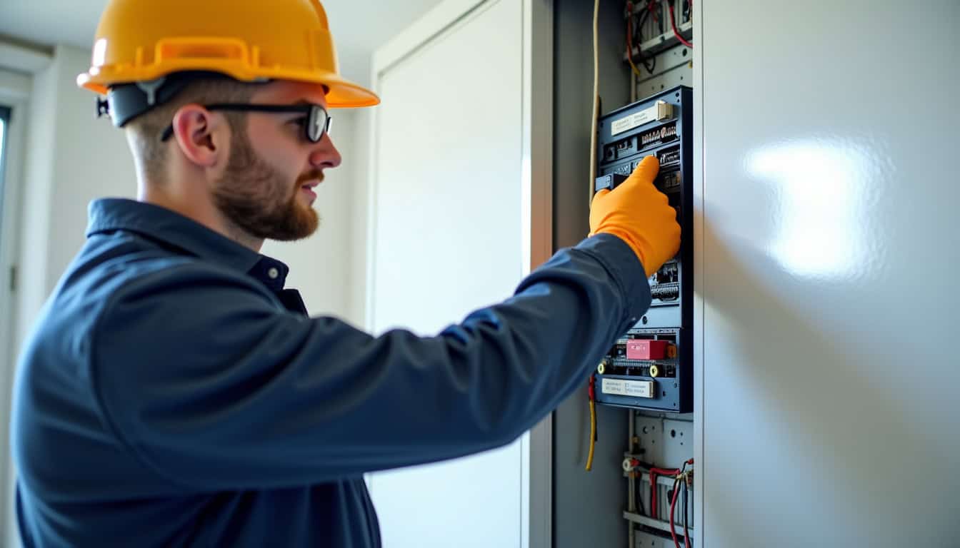 Électricien en train de vérifier un tableau électrique avant installation d