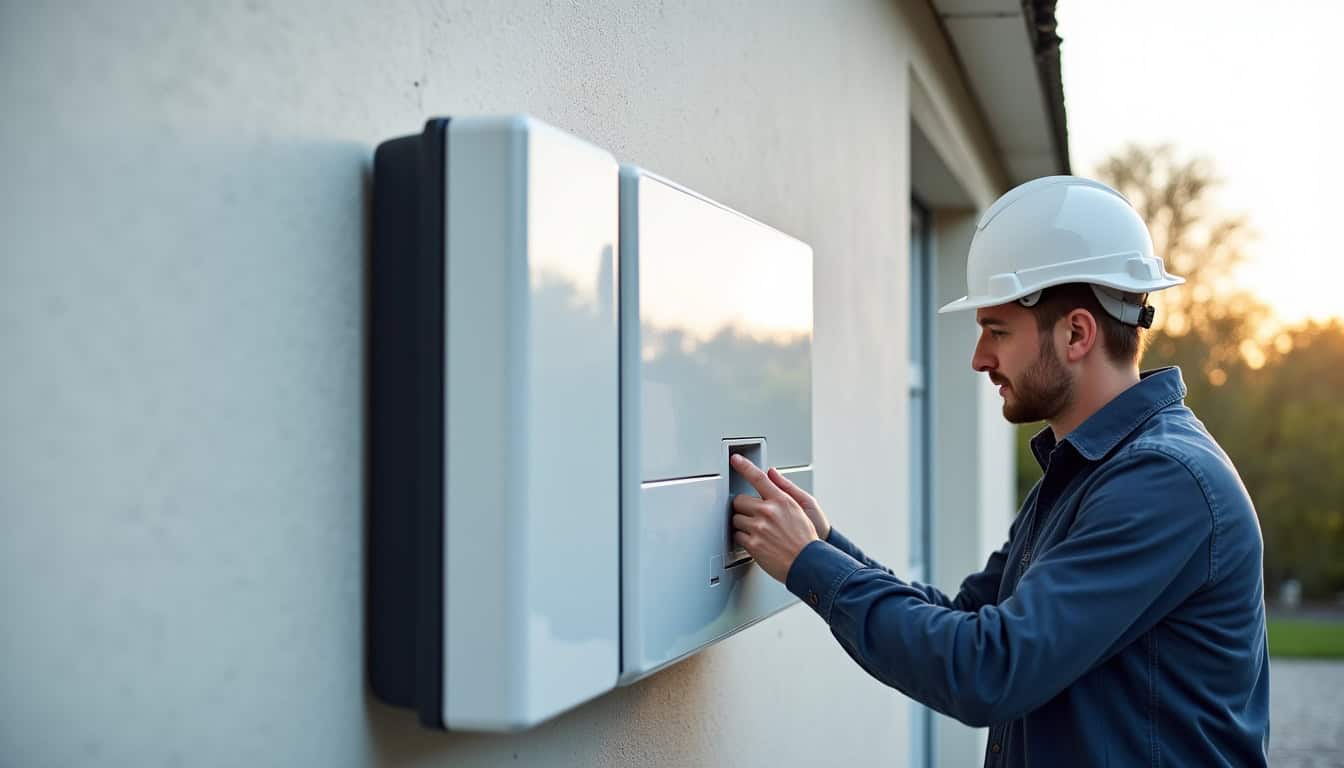Électricien en train d’installer une borne de recharge électrique sur un mur extérieur à Ailly-sur-Somme