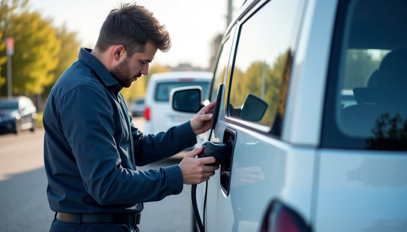 Électricien en train d’installer une borne de recharge pour véhicule électrique à Dozulé