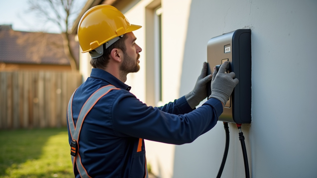 Électricien professionnel en train d’installer une borne de recharge domestique à Grandpuits-Bailly-Carrois
