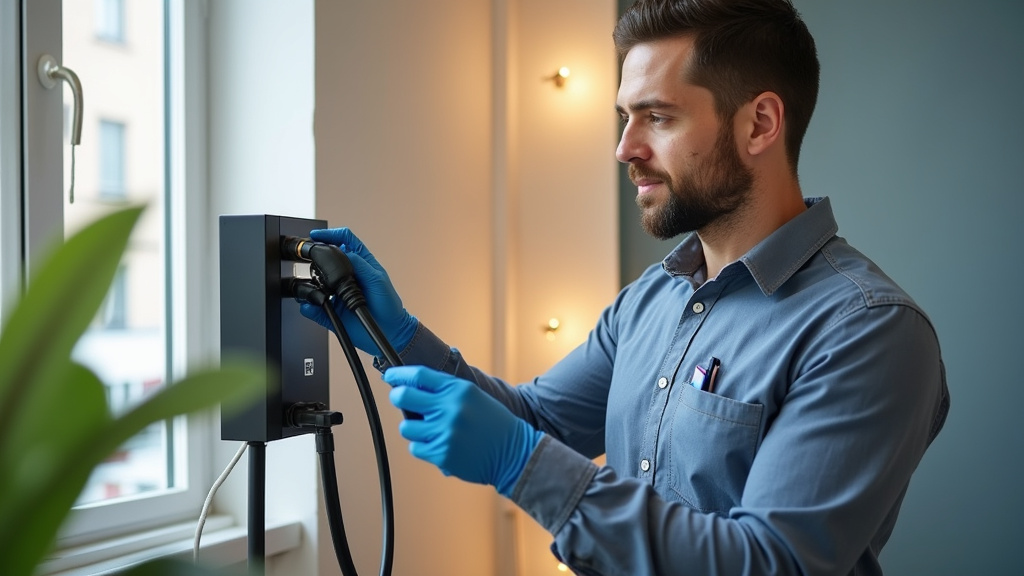 Installateur en train de raccorder une borne de recharge au tableau électrique à Hem
