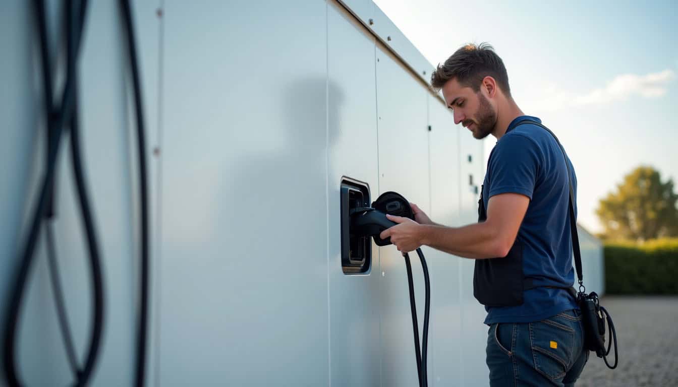 Installateur professionnel en train de raccorder une borne de recharge électrique à Merville-Franceville-Plage