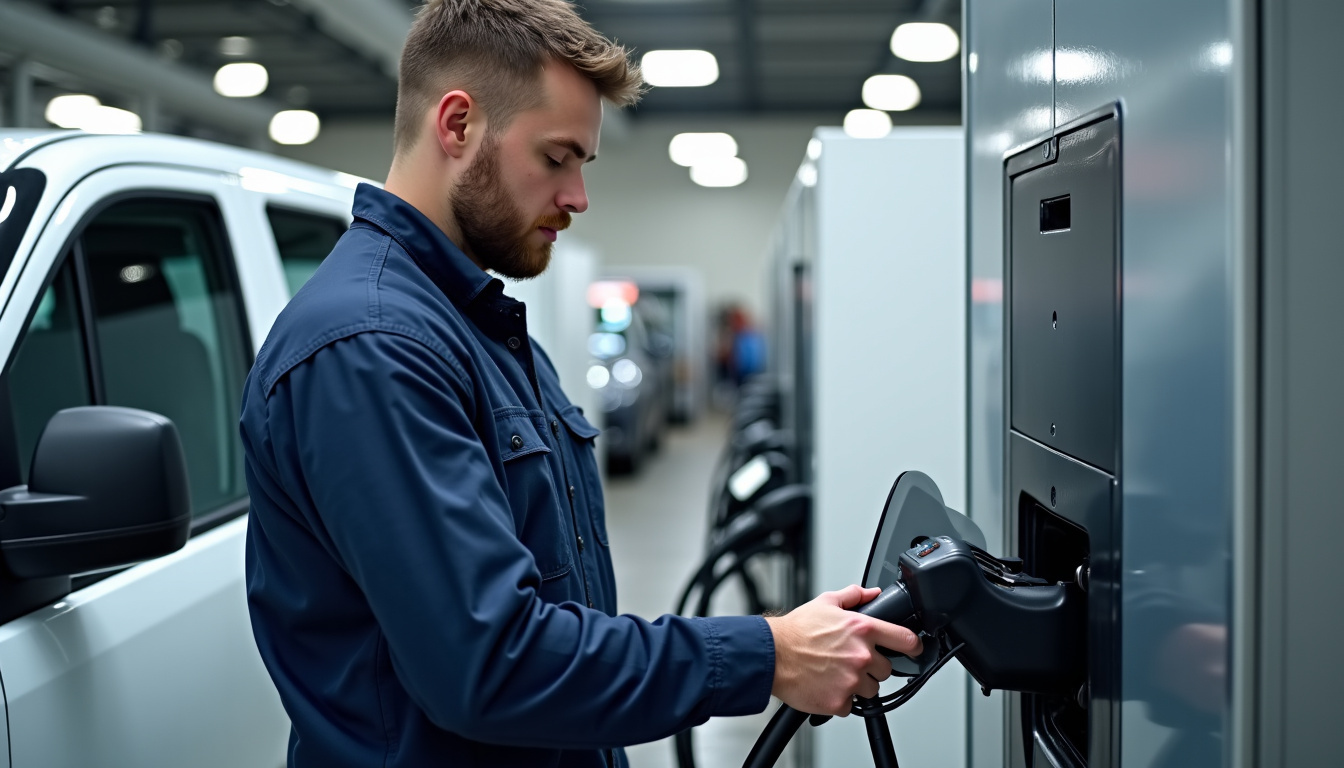Technicien en combinaison vérifiant une borne de recharge dans un garage à Dugny