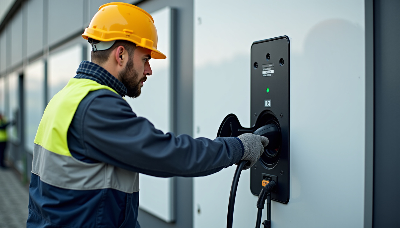 Technicien en tenue de sécurité installant une borne de recharge électrique à l
