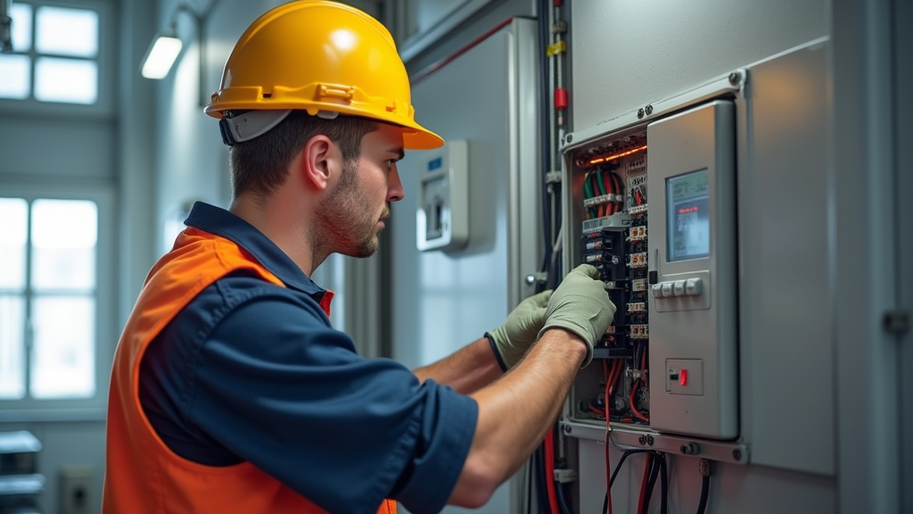 Technicien en train de vérifier le tableau électrique pour l
