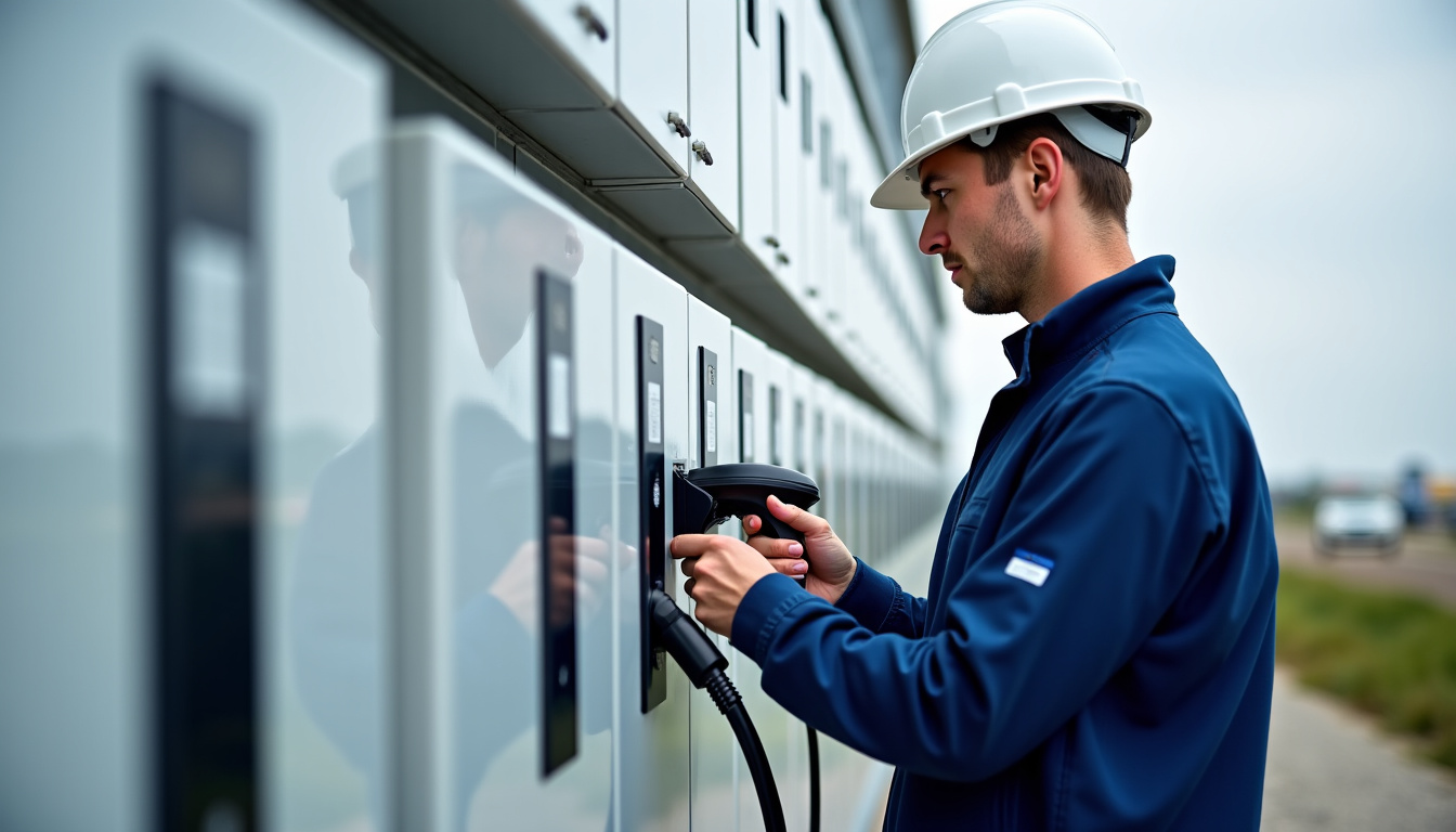 Technicien en train de vérifier une borne de recharge électrique à Cauville-sur-Mer