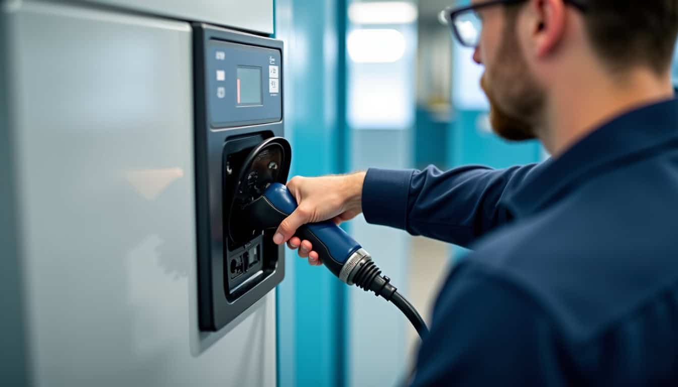 Technicien en train de vérifier une borne de recharge électrique à Cournonsec