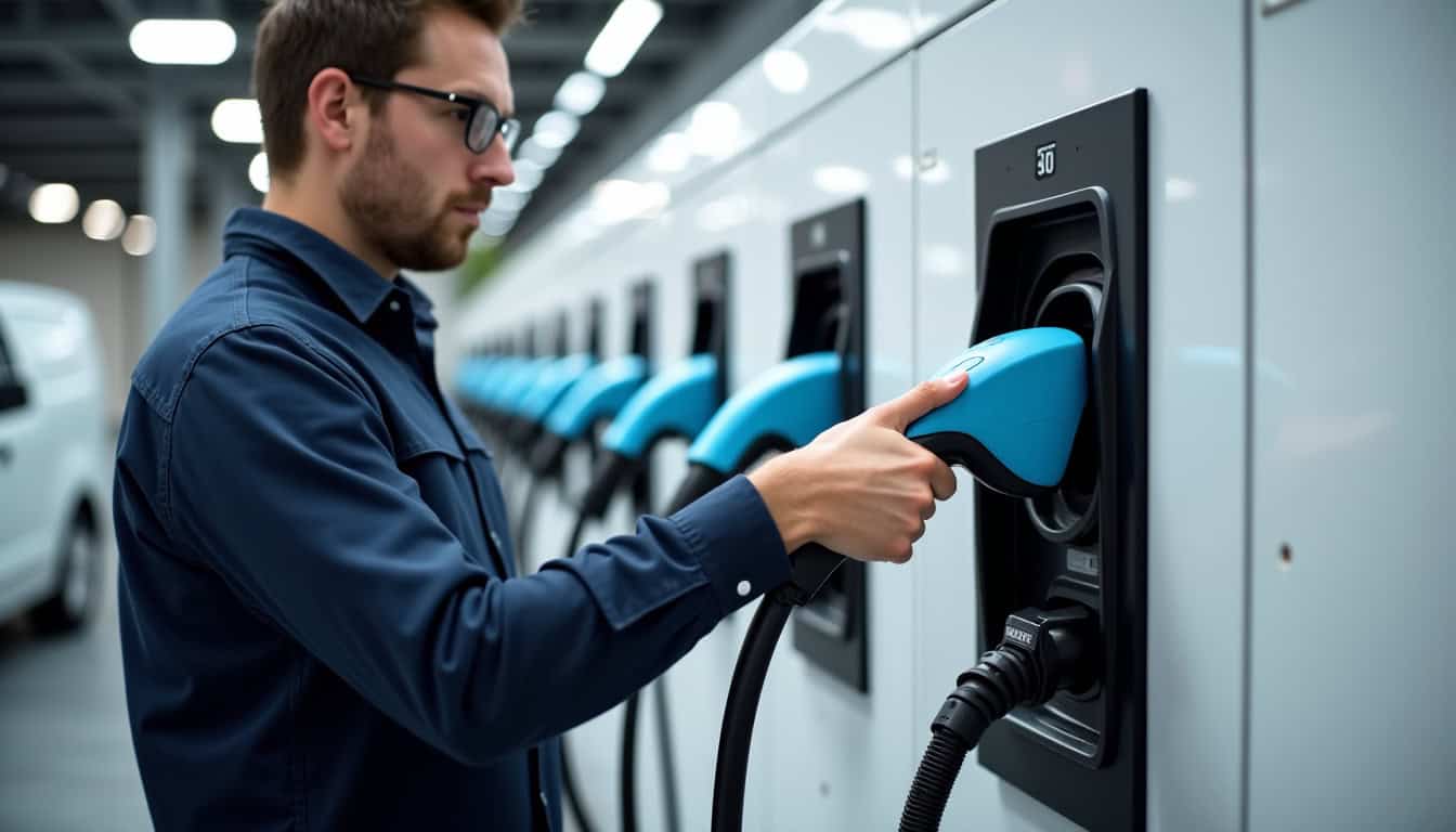 Technicien en train de vérifier une borne de recharge électrique à Neuilly-sous-clermont