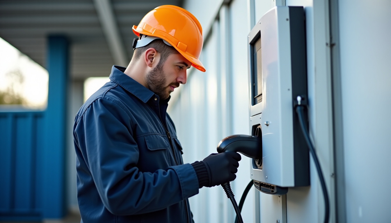 Technicien en train de vérifier une borne de recharge électrique à Notre-Dame-de-Bondeville
