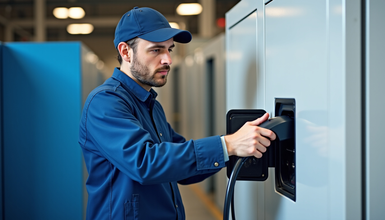 Technicien en train de vérifier une borne de recharge électrique à Sarreguemines