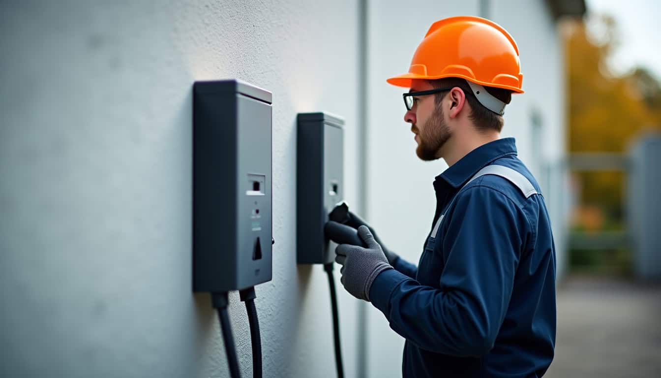 Technicien en train d’installer une borne de recharge électrique à Mathay, portant l’uniforme d’un installateur certifié IRVE