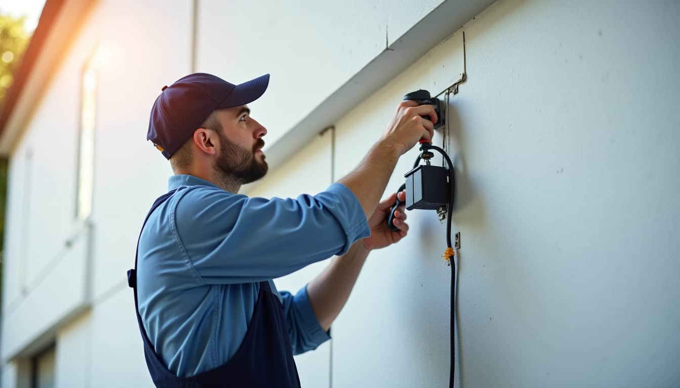 Technicien en train d’installer une borne électrique murale sur le mur d’un garage à Seloncourt