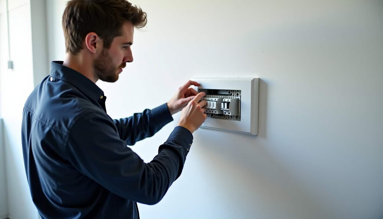 Un électricien vérifie le tableau électrique avant installation d