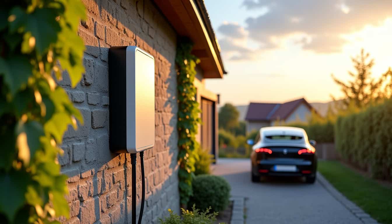 Borne de recharge électrique couplée à des panneaux solaires sur une maison à Saint-Savin