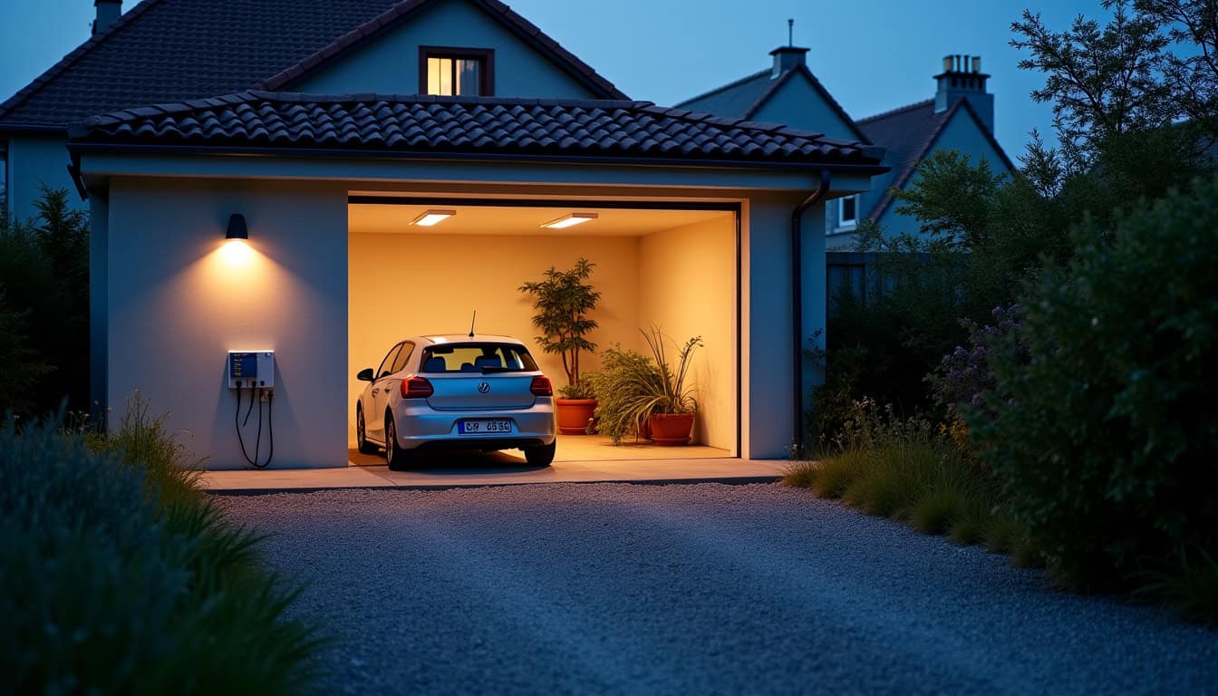 Borne de recharge électrique installée dans un garage à Linas, vue extérieure de nuit avec éclairage doux