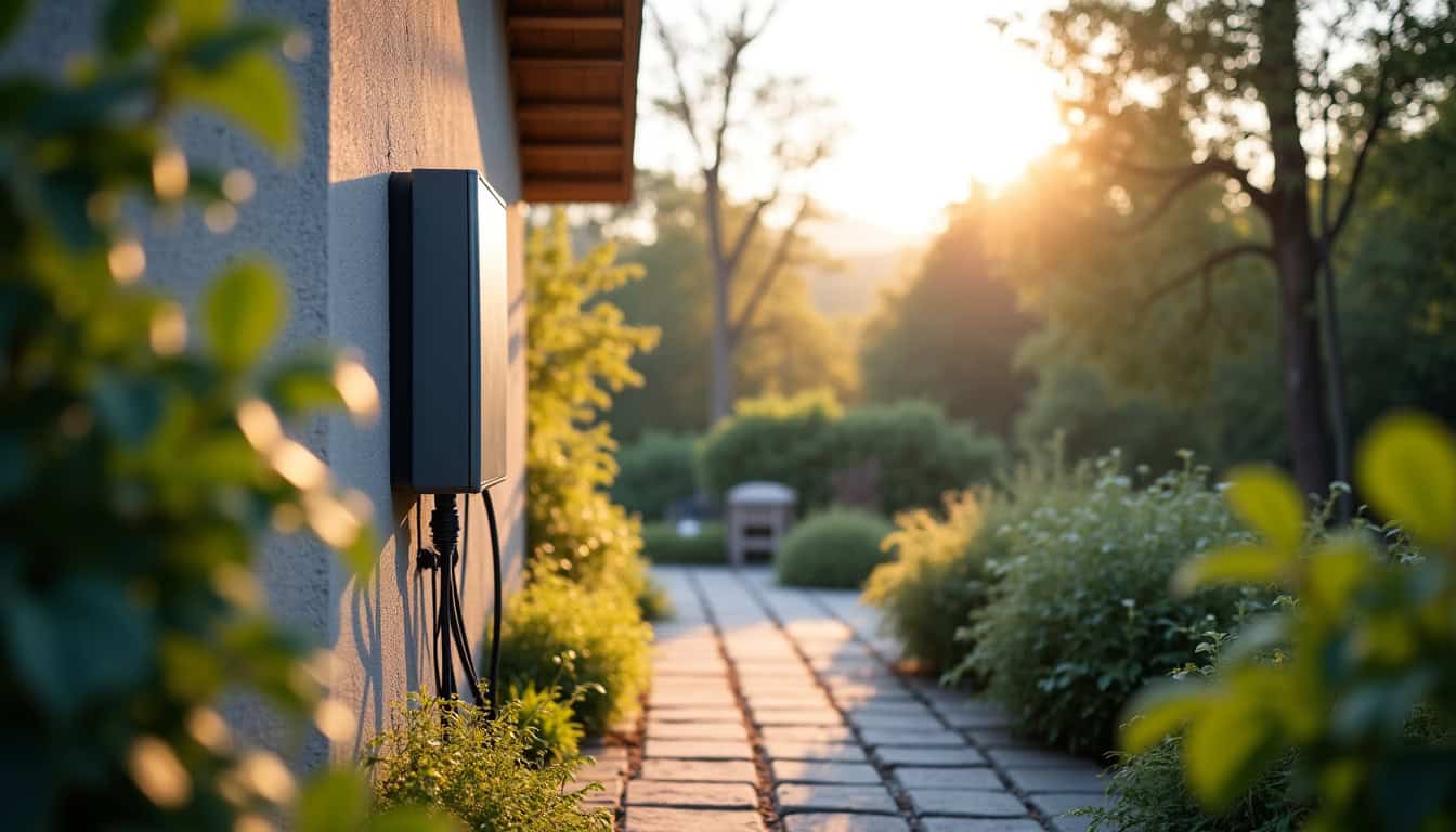 Borne de recharge électrique installée dans un jardin résidentiel à Bort-les-Orgues