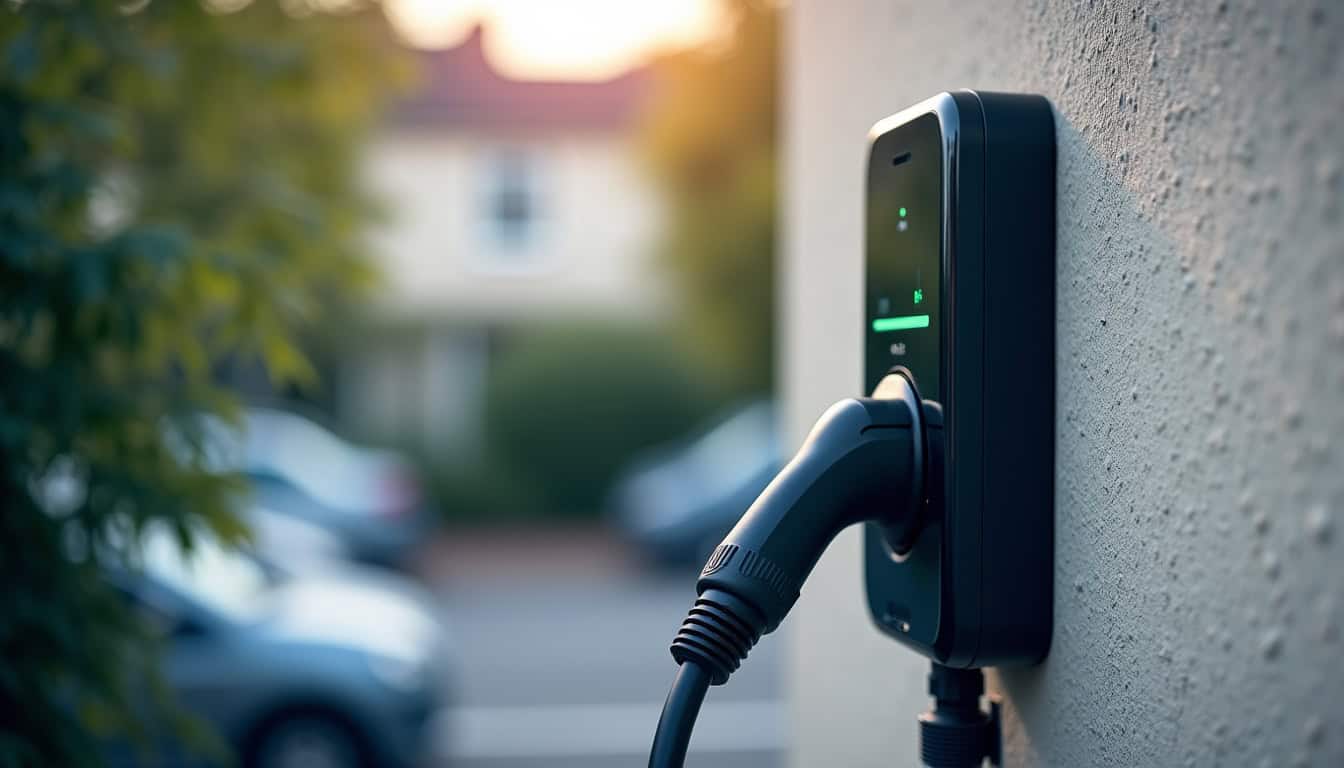 Borne de recharge électrique installée dans un parking collectif à Roncq, vue d