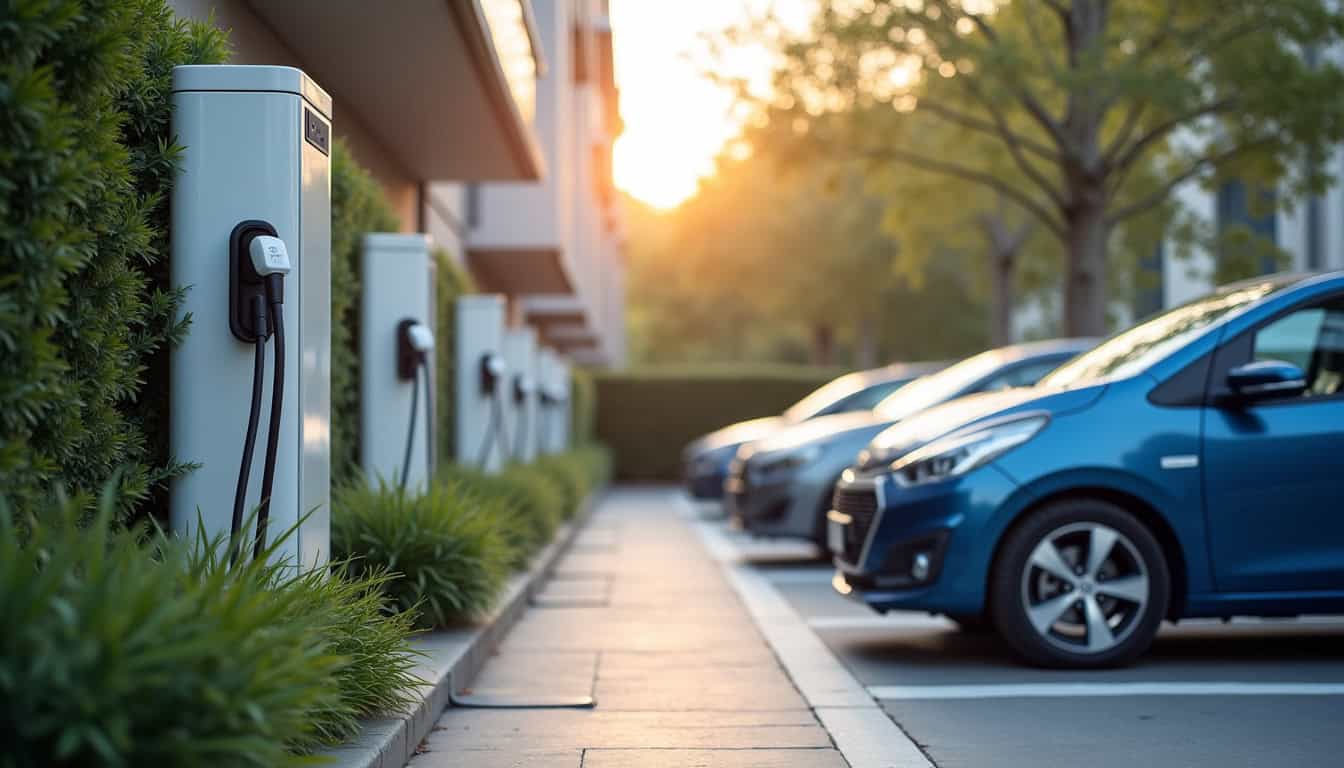 Borne de recharge électrique installée dans un parking de copropriété à Chauriat, avec plusieurs véhicules électriques à proximité