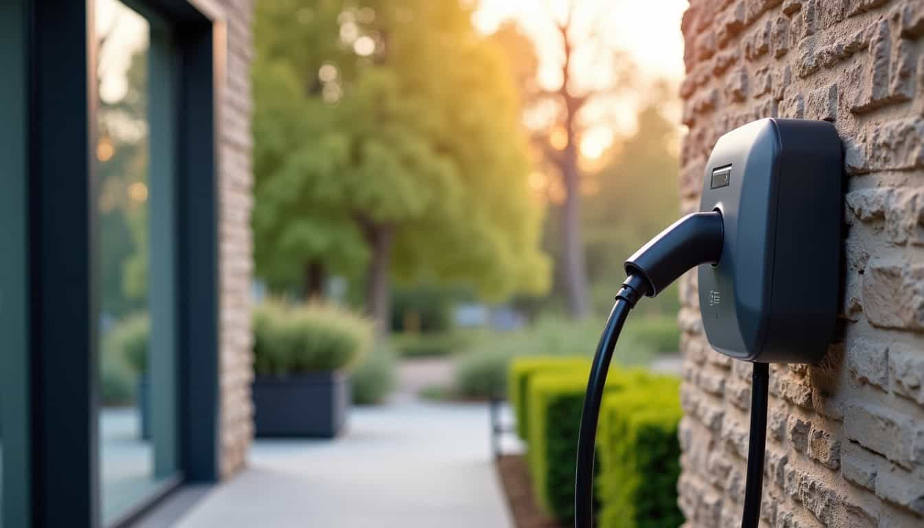Borne de recharge électrique installée devant un pavillon à Senones, en milieu urbain résidentiel