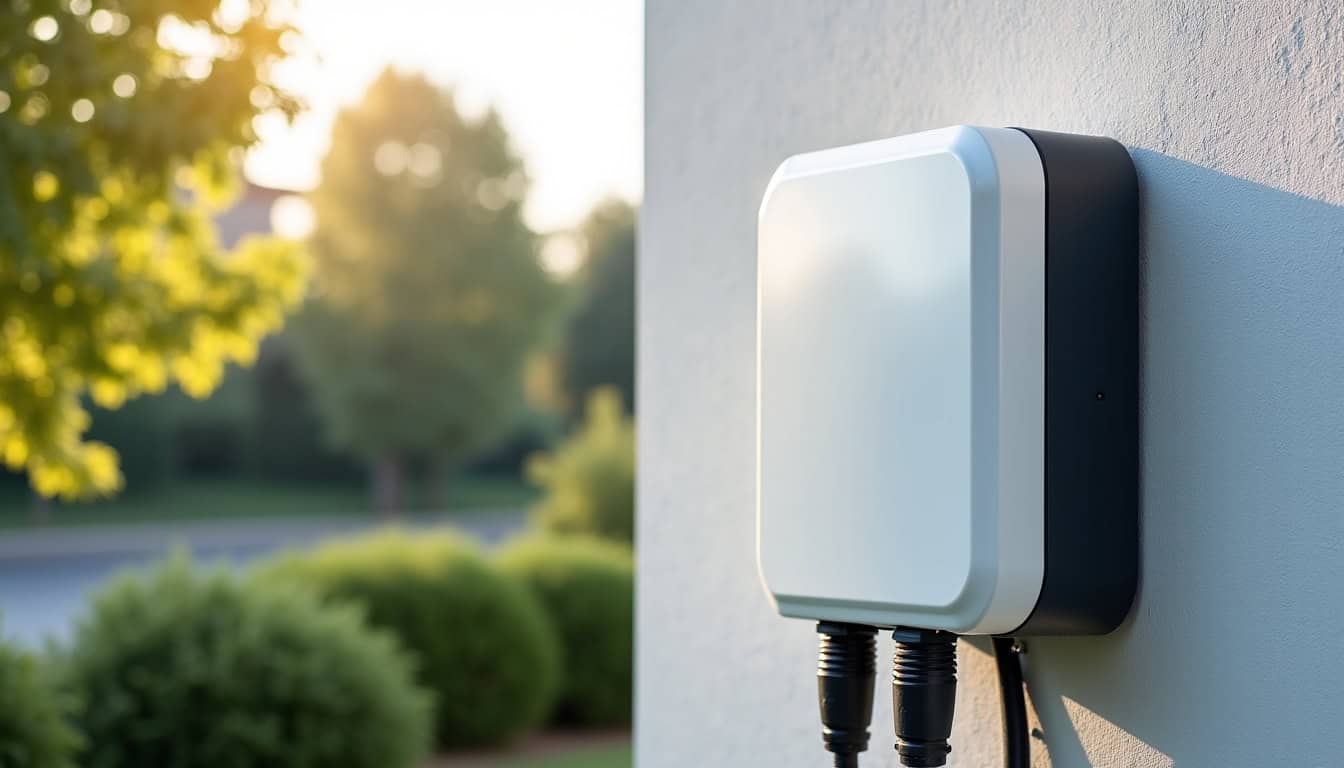 Borne de recharge électrique installée devant une maison à Denée