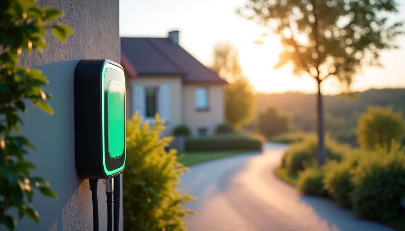 Borne de recharge électrique installée devant une maison à Pleumeur-Bodou, en bordure de route côtière