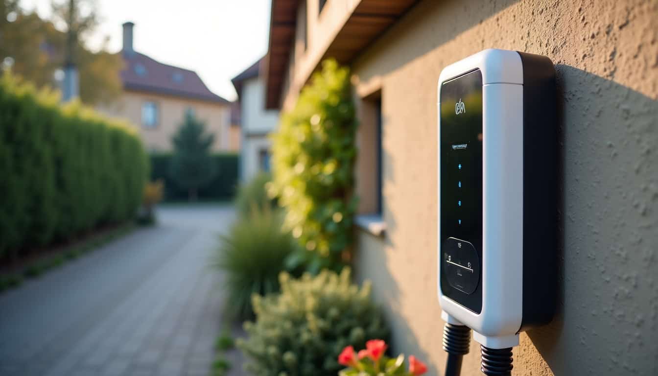 Borne de recharge électrique installée devant une maison à Quintal, en milieu urbain résidentiel