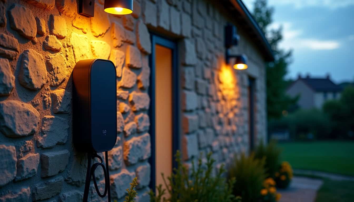 Borne de recharge électrique installée sur un mur extérieur à Louvie-Juzon, avec protection contre les intempéries et éclairage intégré