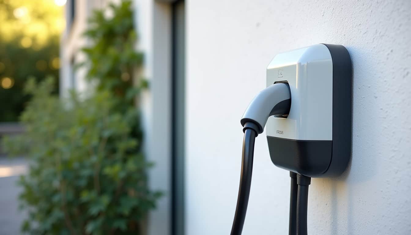 Borne de recharge électrique installée sur un mur extérieur, avec câble de recharge en position de repos près d