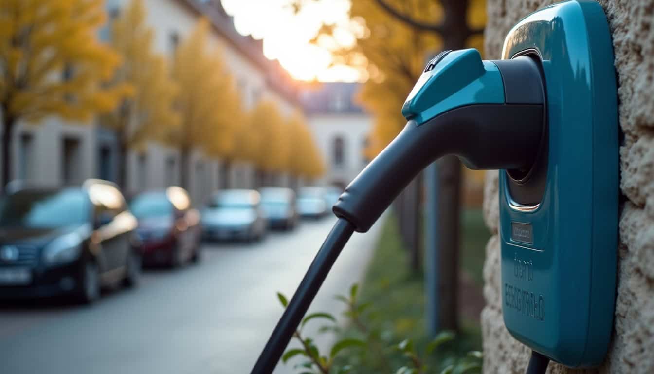 Borne de recharge électrique publique installée sur la place Aristide Briand à L