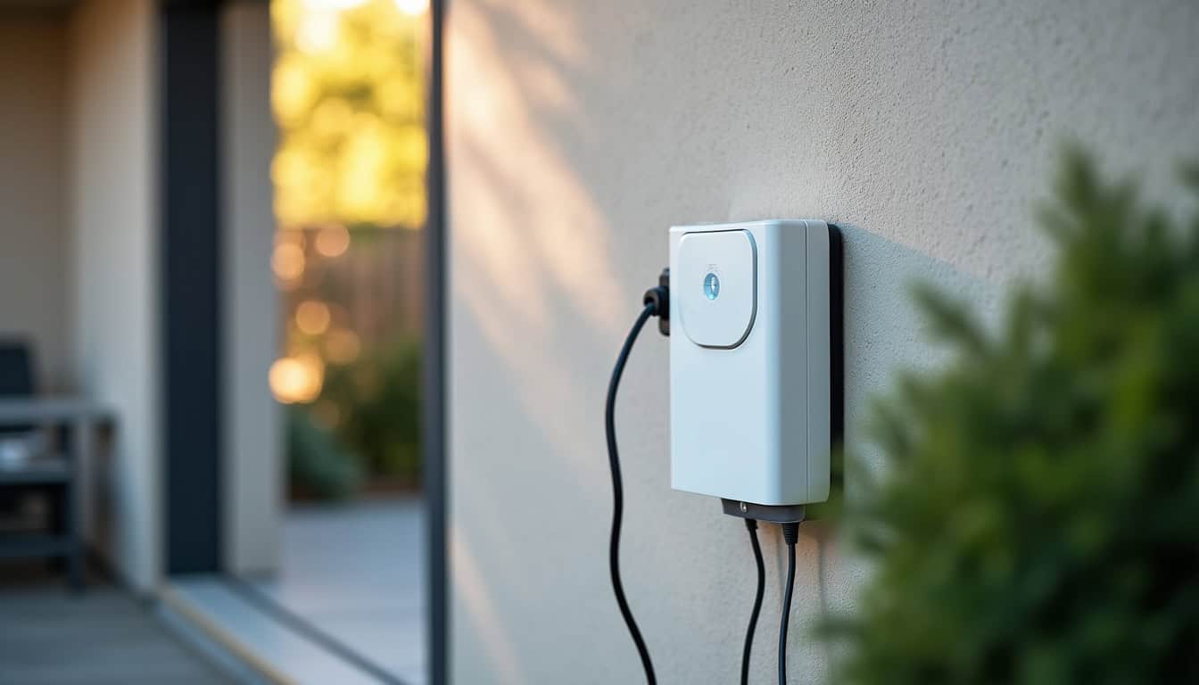 Borne de recharge Hager Witty One installée dans un garage à Ambert, design compact et moderne