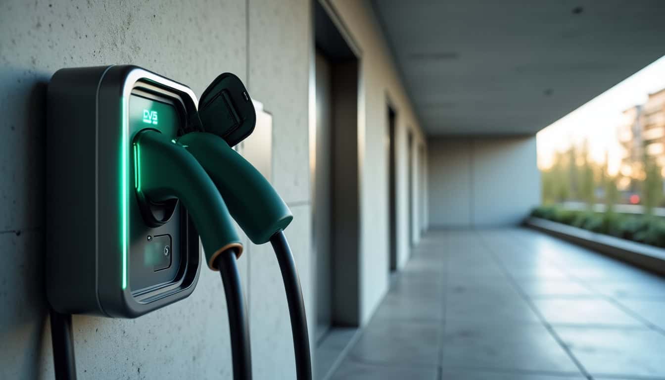 Borne de recharge installée dans un parking collectif à Bining, illustrant une solution pour copropriété