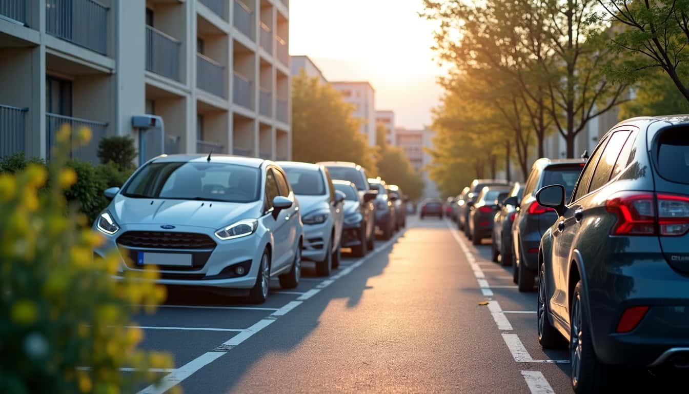 Borne de recharge installée dans un parking de copropriété à Die, avec plusieurs véhicules électriques à proximité