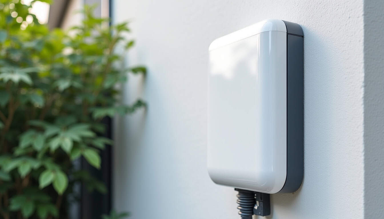 Borne de recharge installée en extérieur sur un mur extérieur à Sainte-Gauburge-Sainte-Colombe